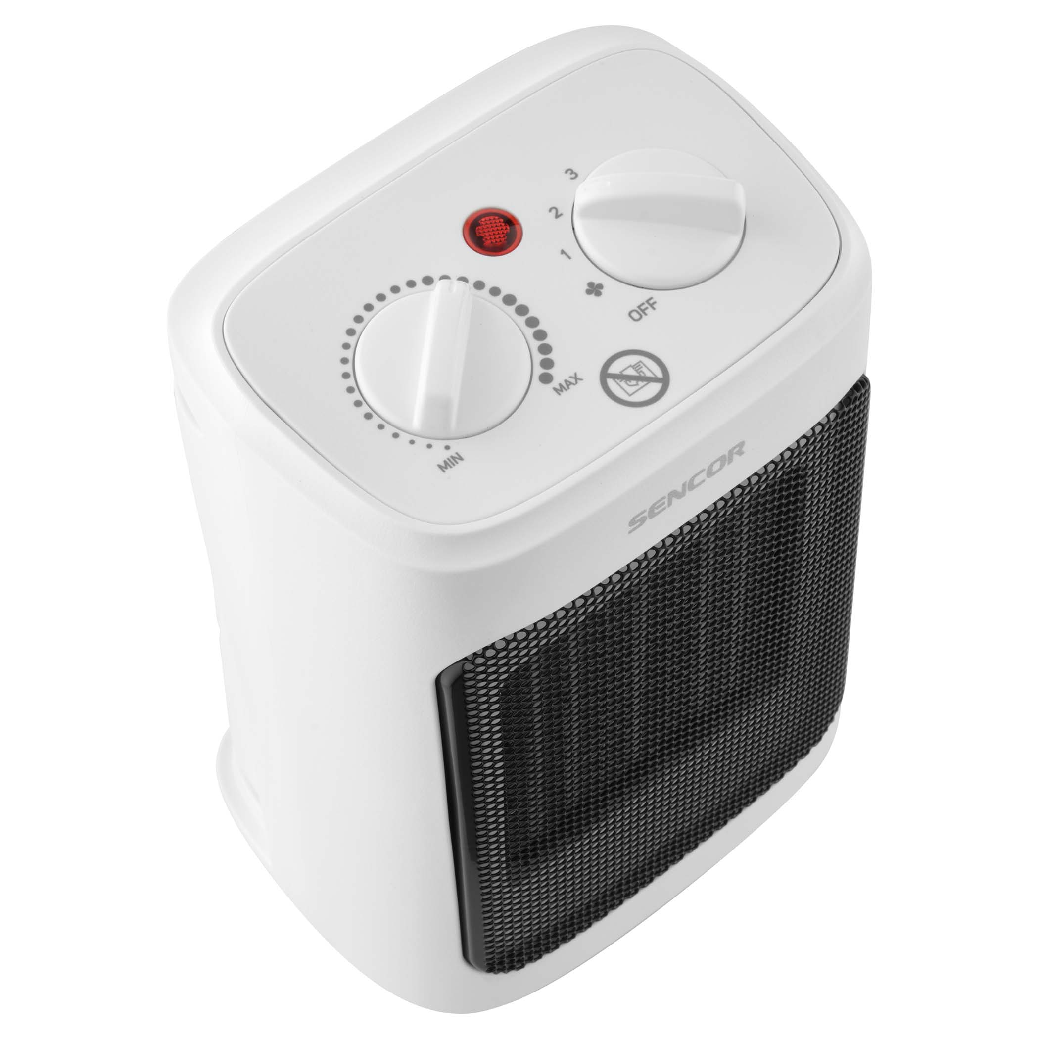 Termoventilatore elettrico Sencor bianco. Ha una griglia nera, manopole di controllo e una spia.
