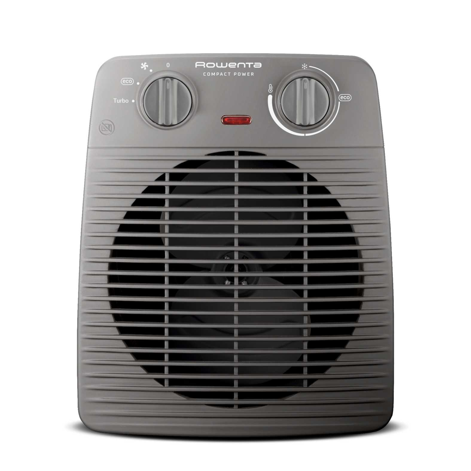 Szary grzejnik Rowenta Compact Power. Ma pokrętła, czerwone światło i wentylator za kratką.