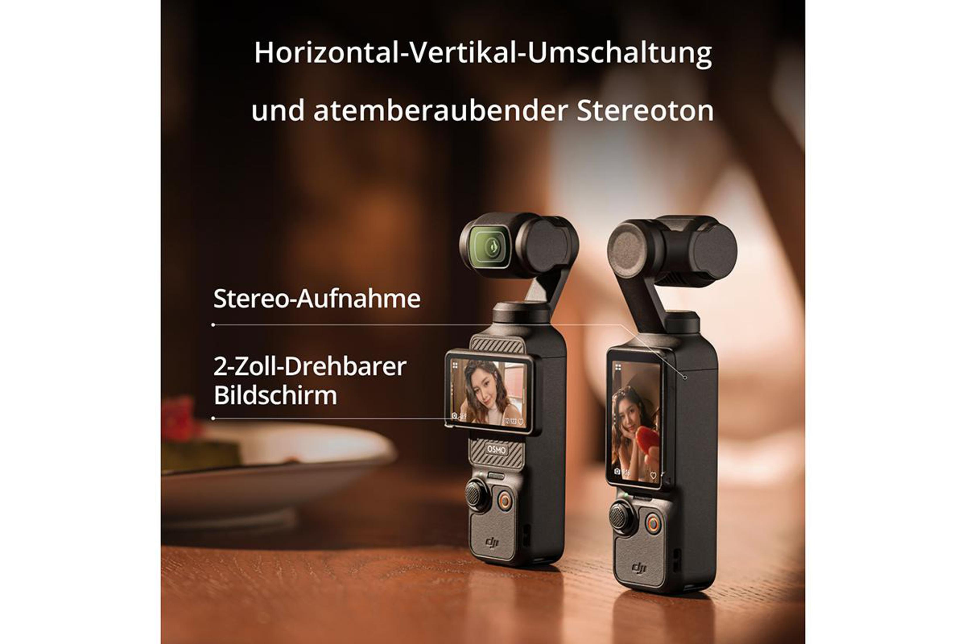 Dwie czarne kamery ręczne z ekranami pokazującymi kobietę. Niemiecki tekst wskazuje funkcje, dźwięk stereo.