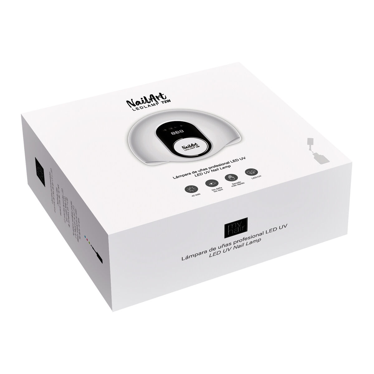 Caja blanca con lámpara LED NailArt. La caja tiene imagen de la lámpara, texto en español y el logo 'My Hair'.