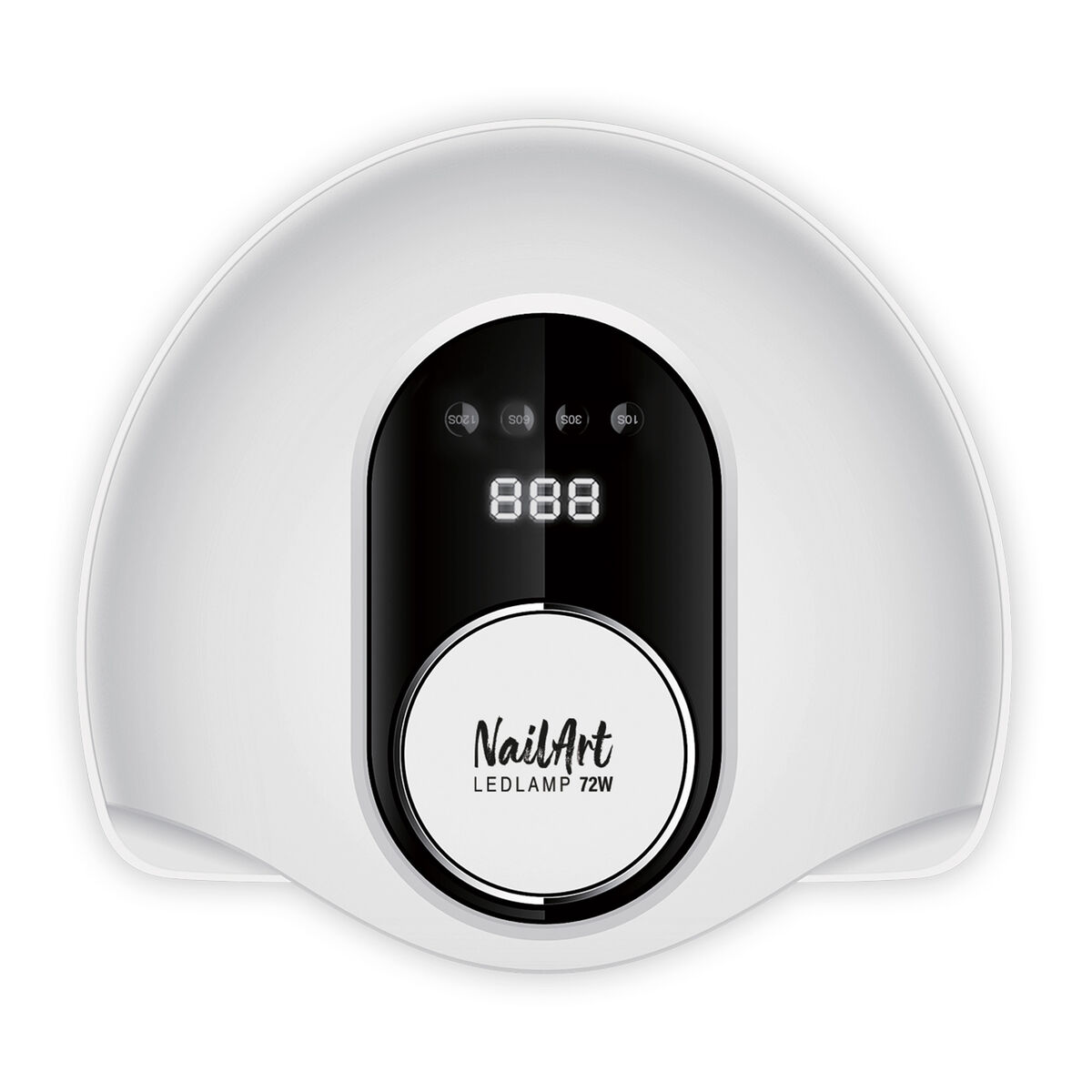 Lámpara LED NailArt blanca con centro negro. Muestra un temporizador y el logo de NailArt.