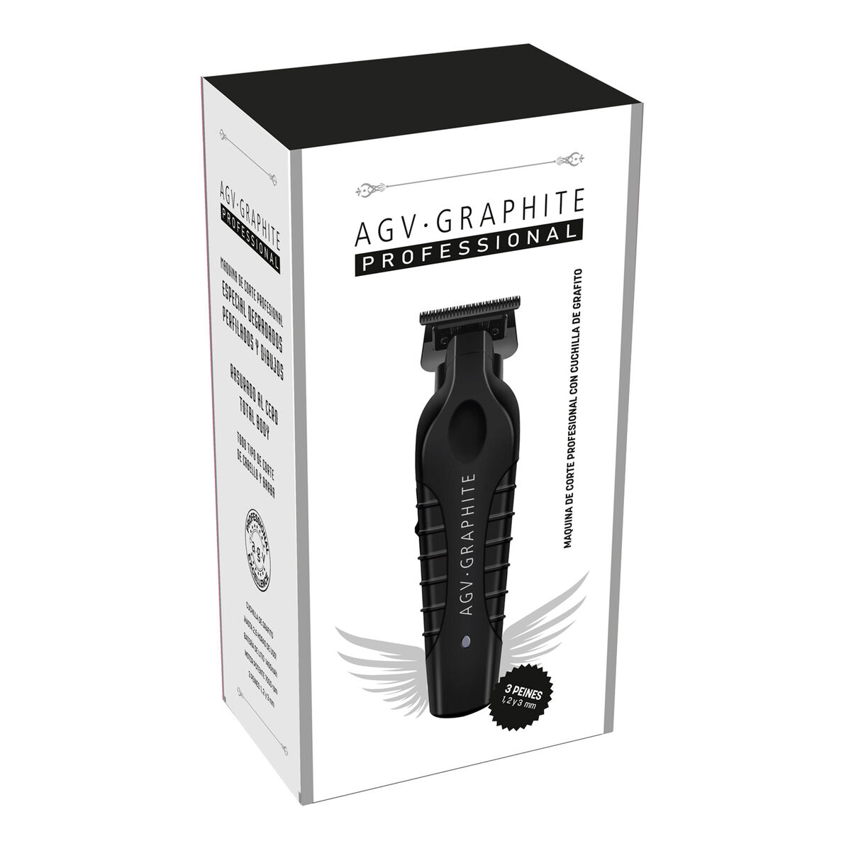Una recortadora de cabello negra AGV Graphite Professional en una caja blanca. El texto incluye '3 peines' y 'cuchilla de grafito'.