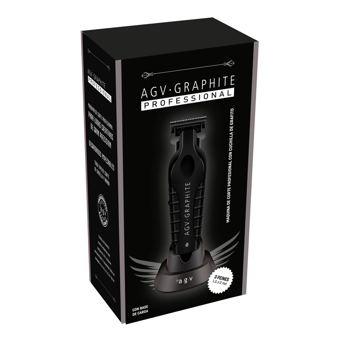 Caja negra con una recortadora de cabello dentro. El texto dice 'AGV GRAPHITE PROFESSIONAL'. Incluye '3 PEINES' y 'CON BASE DE CARGA'.