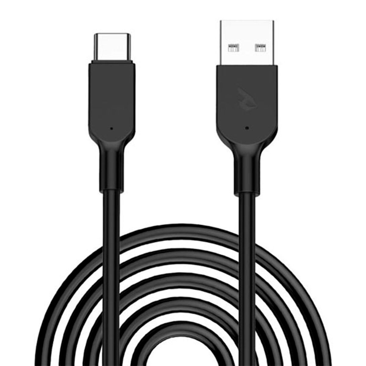 Dos cables de carga negros con diferentes conectores. Uno es USB-C, el otro es USB-A. Los cables están enrollados.