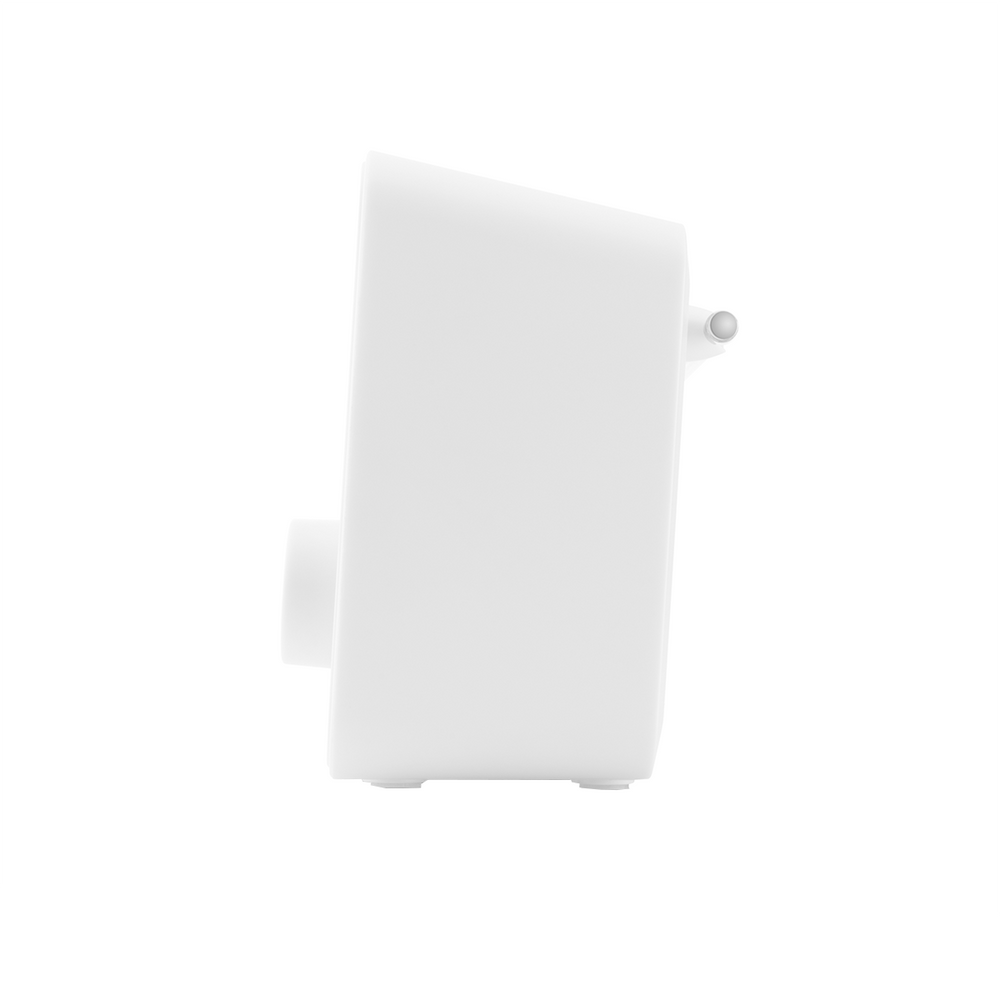 Białe, nowoczesne urządzenie. Ma cylindryczne pokrętło, mały przycisk i prostokątny korpus z zaokrąglonymi krawędziami.