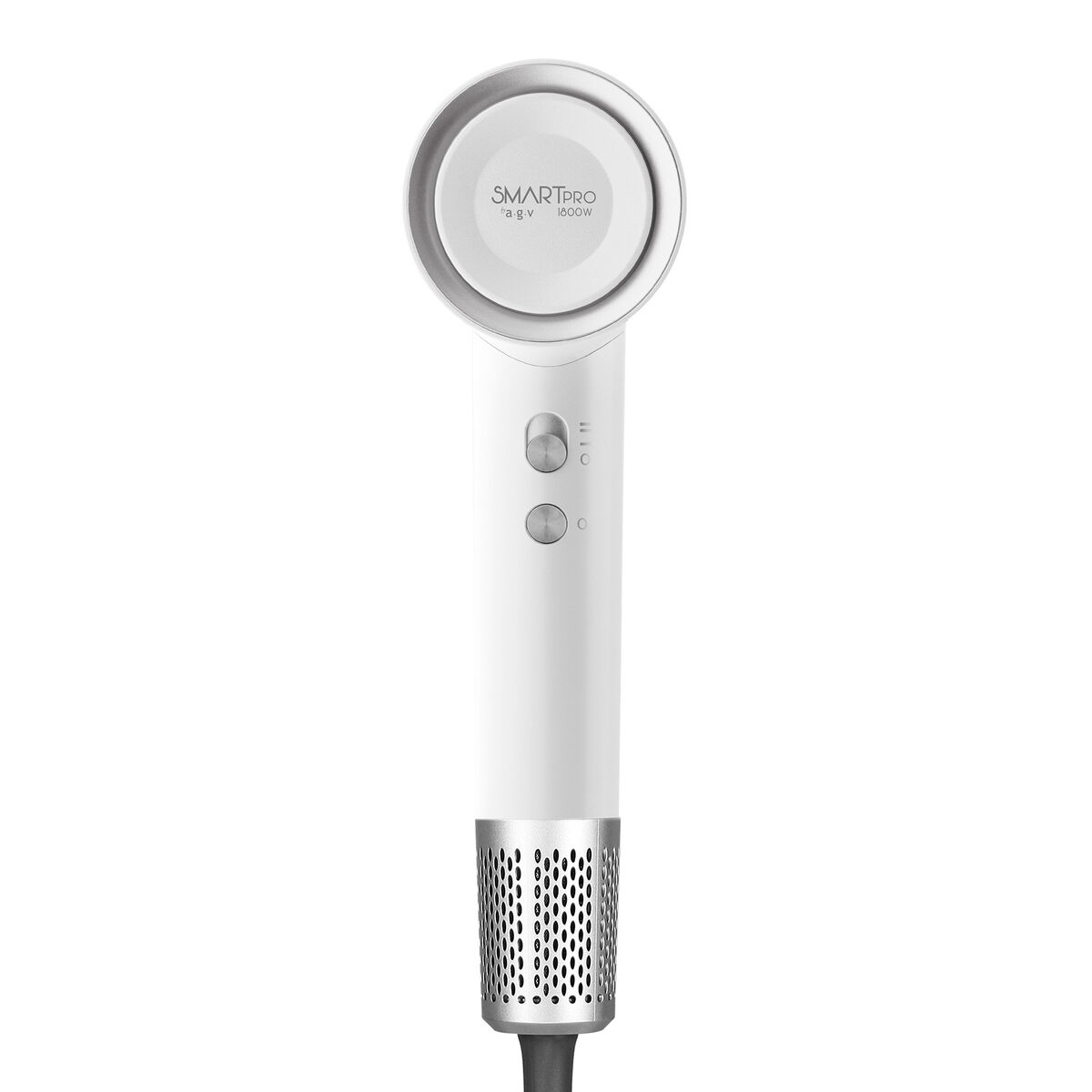 Un secador de pelo blanco con detalles y botones plateados. La marca es SMARTPro. La parte inferior es una rejilla plateada. Un cable negro emerge.