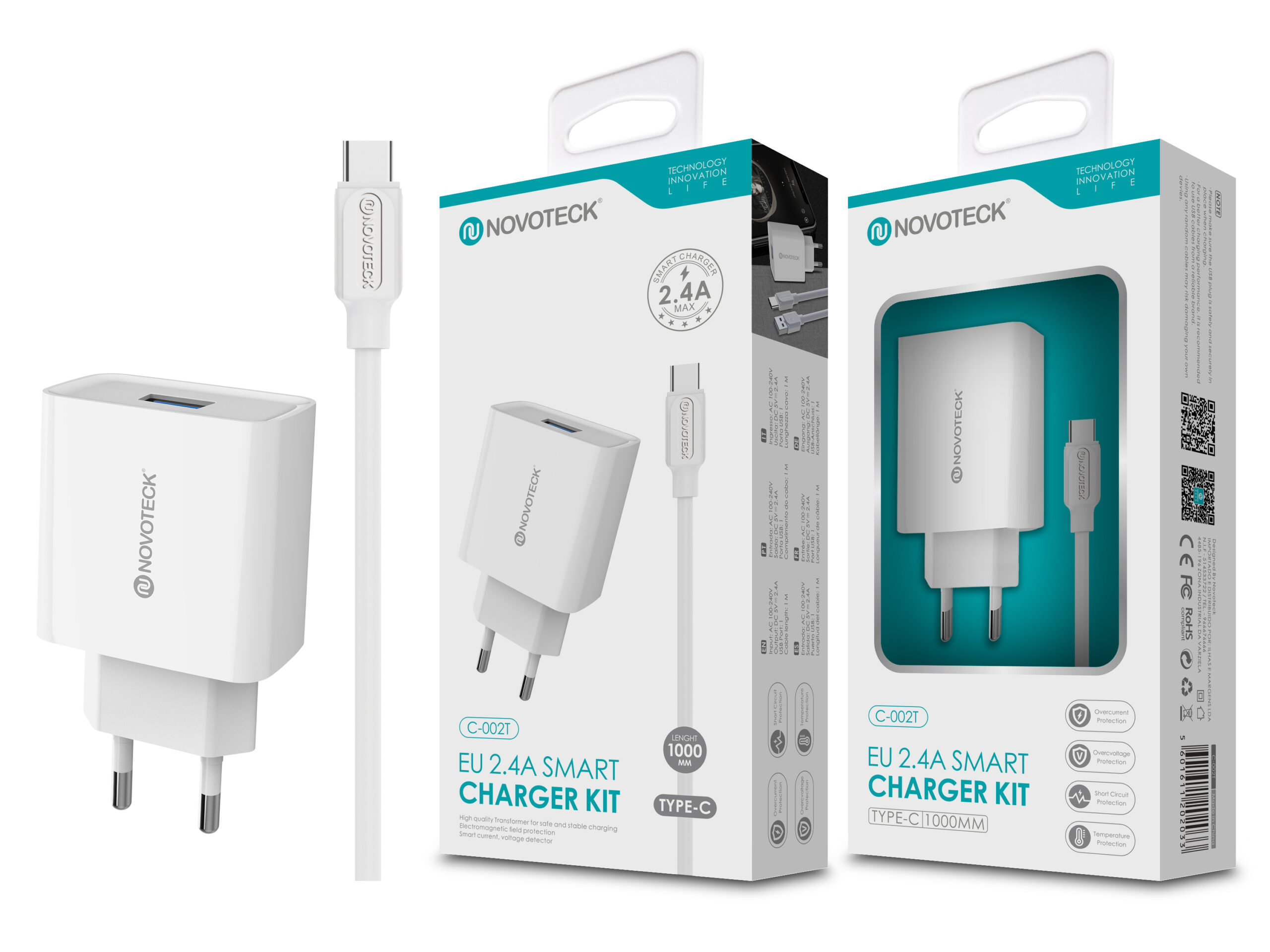 La imagen muestra un kit de cargador Novoteck blanco con cargador, cable y embalaje. Detalles de texto 2.4A, Tipo-C y características de seguridad.