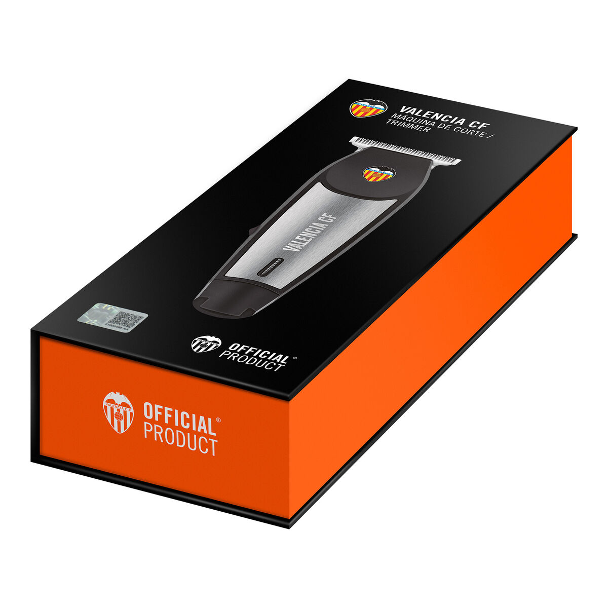 Un recortador del Valencia CF en una caja negra con ribete naranja. El recortador es plateado y negro, con el logo del equipo.