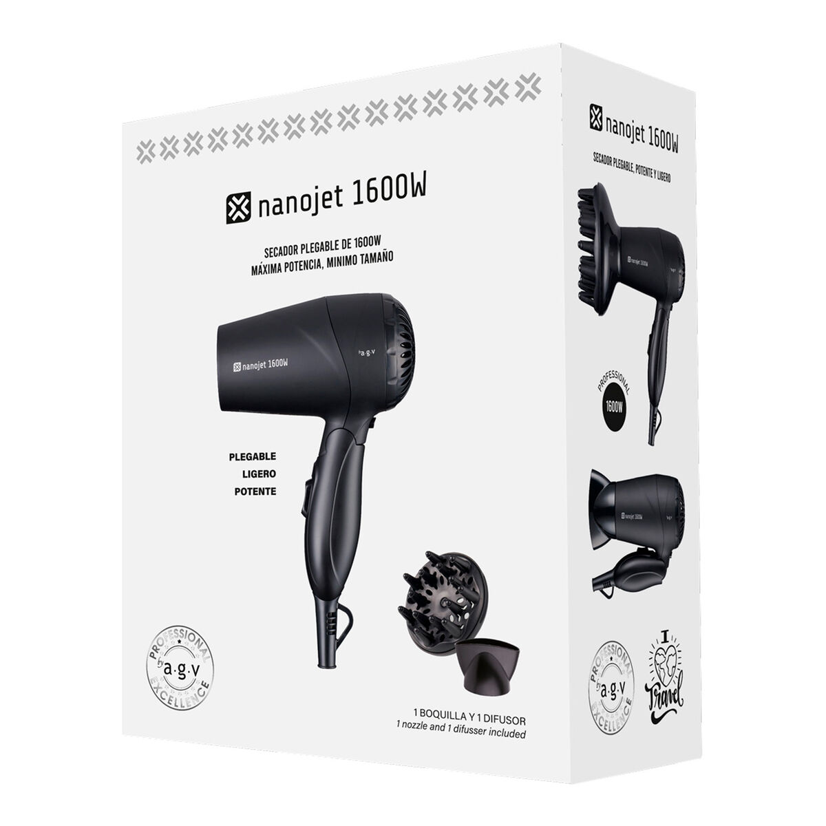 Una caja con un secador de pelo negro, accesorios y texto. El secador de pelo está etiquetado 'nanojet 1600W'.