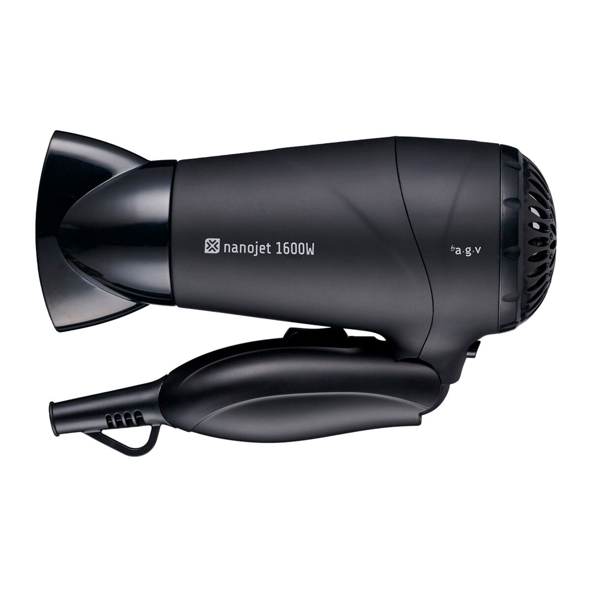 Un secador de pelo negro sobre fondo blanco. Tiene la marca "nanojet 1600W" y "b.a.g.v".