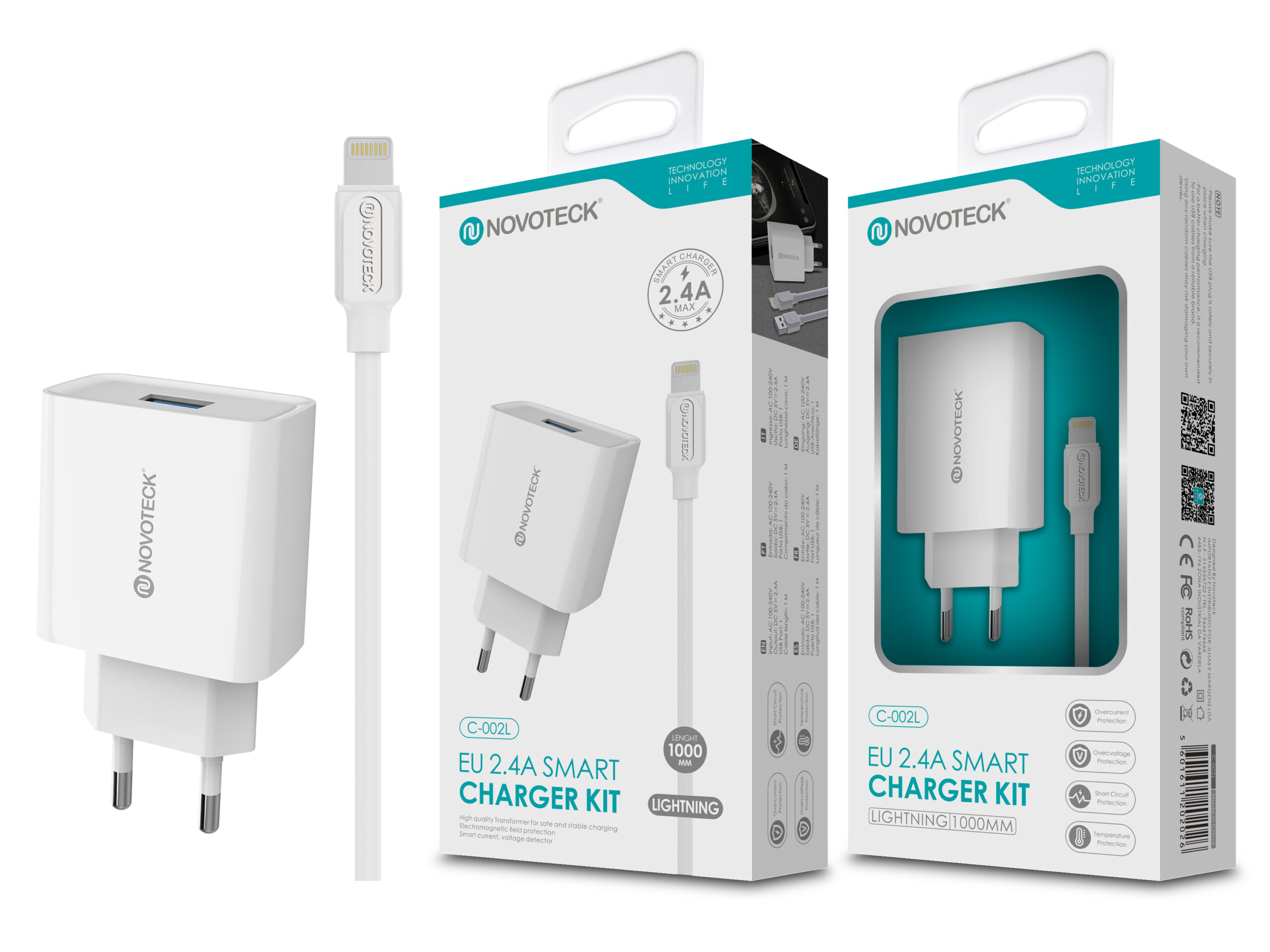 Juego de cargador y cable blancos en una caja. El cargador tiene un enchufe, el cable tiene un conector Lightning.