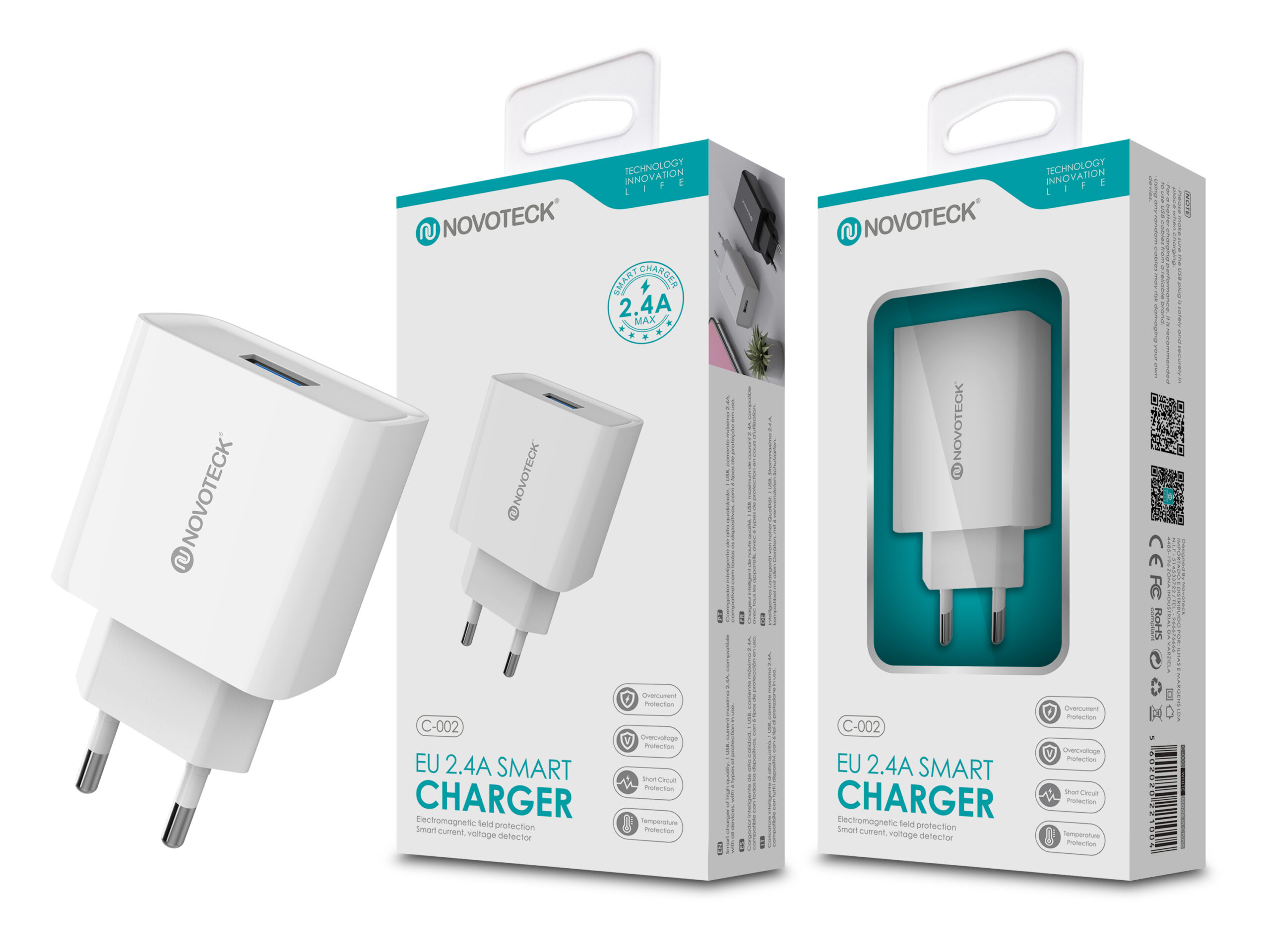 Cargador blanco con caja. Textos incluyen 'NOVOTECK', 'EU 2.4A SMART CHARGER' e iconos de seguridad.