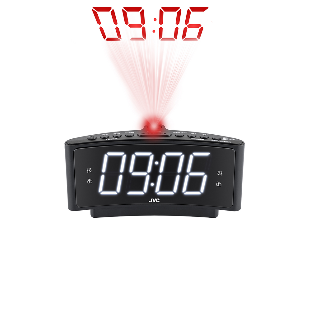 Czarny zegar JVC pokazuje 09:06, z czerwoną projekcją czasu nad nim. Tarcza zegara wyświetla białe cyfry.