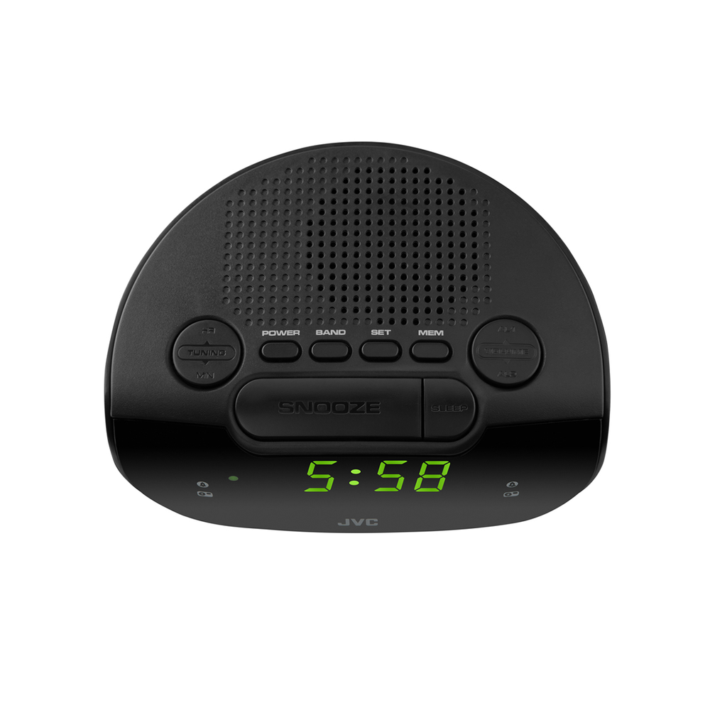 Czarny radiobudzik JVC wyświetla godzinę 5:58 w zielonych cyfrach. Posiada przyciski zasilania, strojenia, drzemki i uśpienia. Tło jest białe.