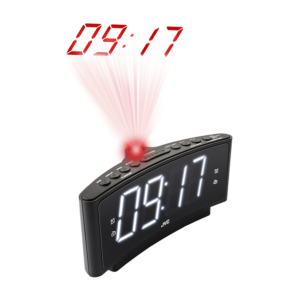 Czarny zegar JVC wyświetlający 09:17. Czerwone cyfry są wyświetlane z zegara. Przyciski i funkcje widoczne na zegarze.