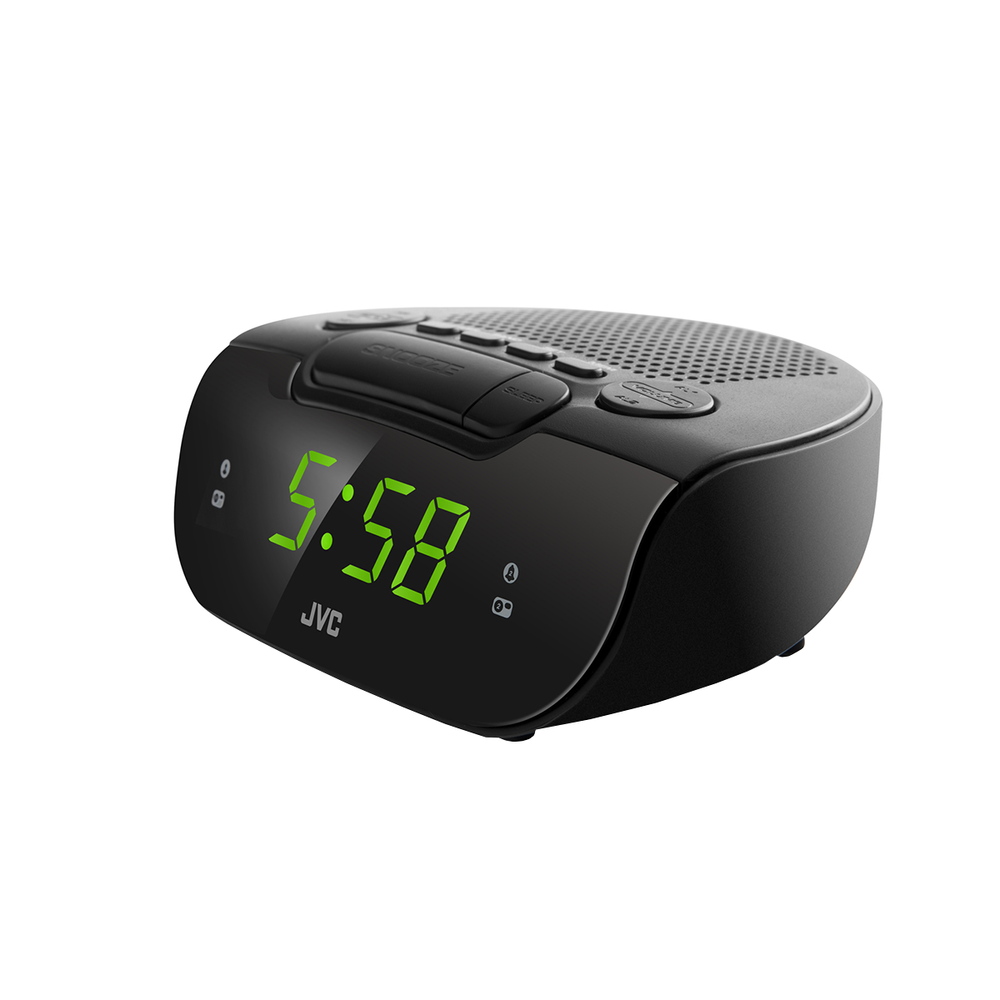 Czarny radiobudzik JVC z wyświetlaczem 5:58 w zielonych cyfrach. Posiada przyciski drzemki, uśpienia i głośności. Tło jest białe.