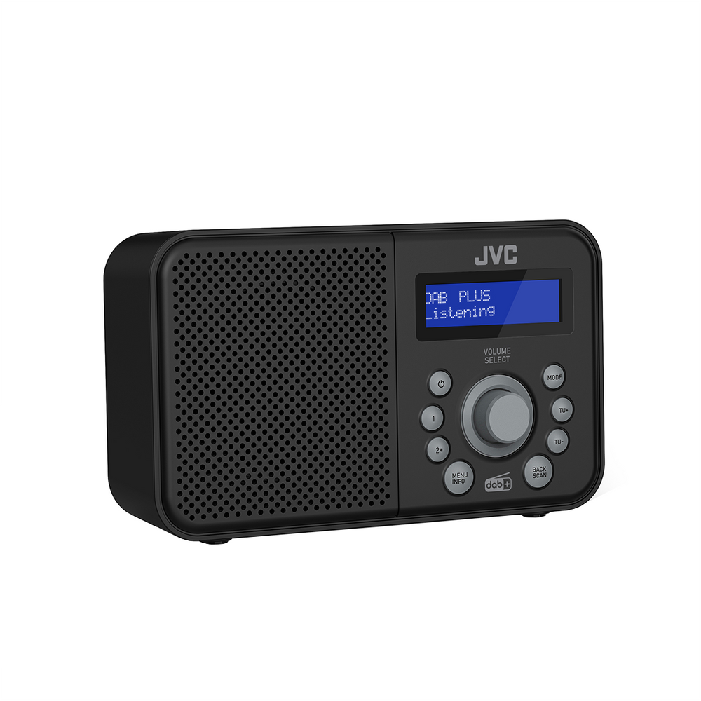 Czarny radio DAB JVC. Ekran wyświetla 'DAB PLUS Listening'. Przyciski obejmują zasilanie, głośność, tryb i strojenie.