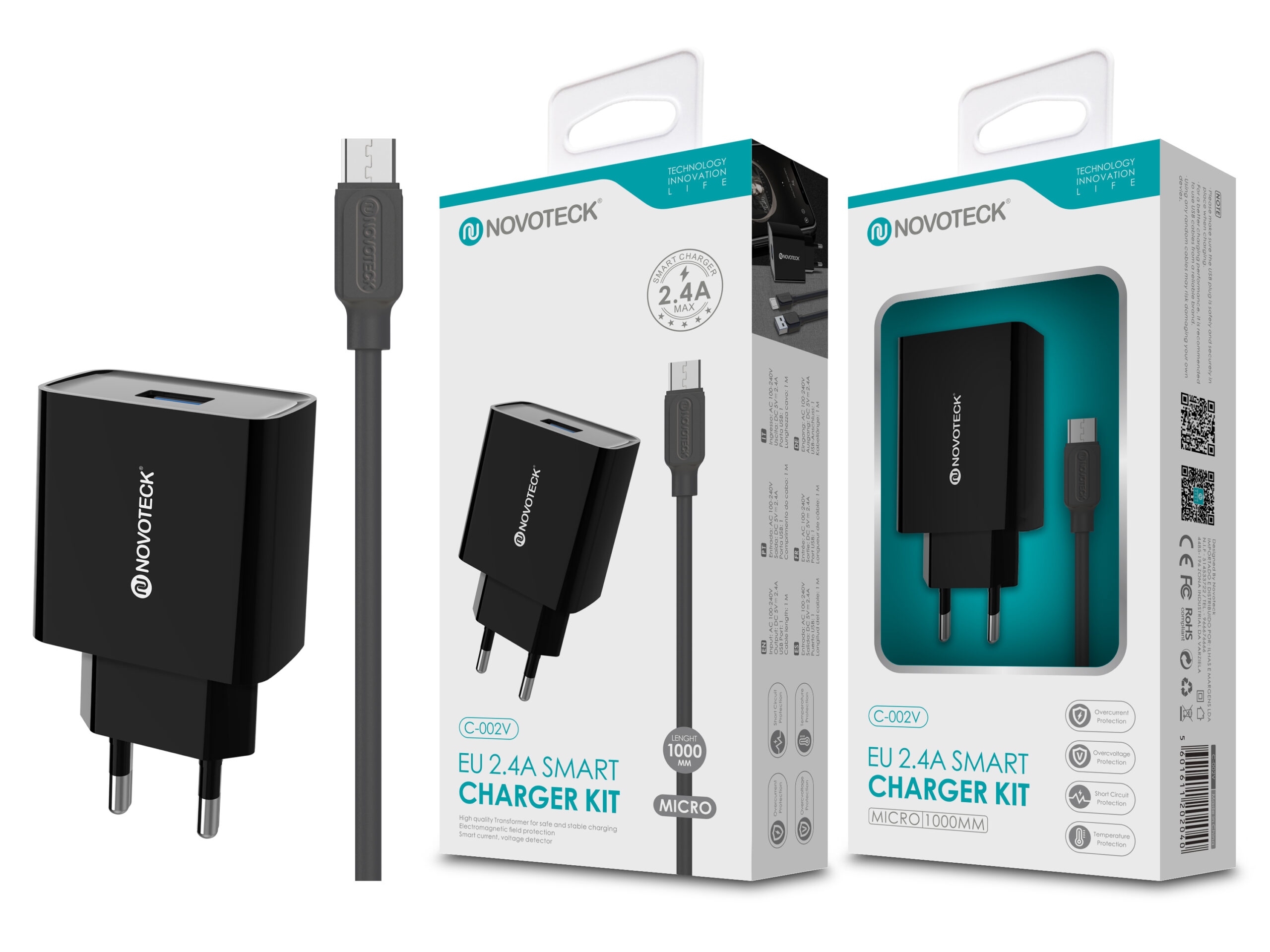 La imagen muestra un kit de cargador Novoteck negro con un cargador y cable frente a dos cajas.