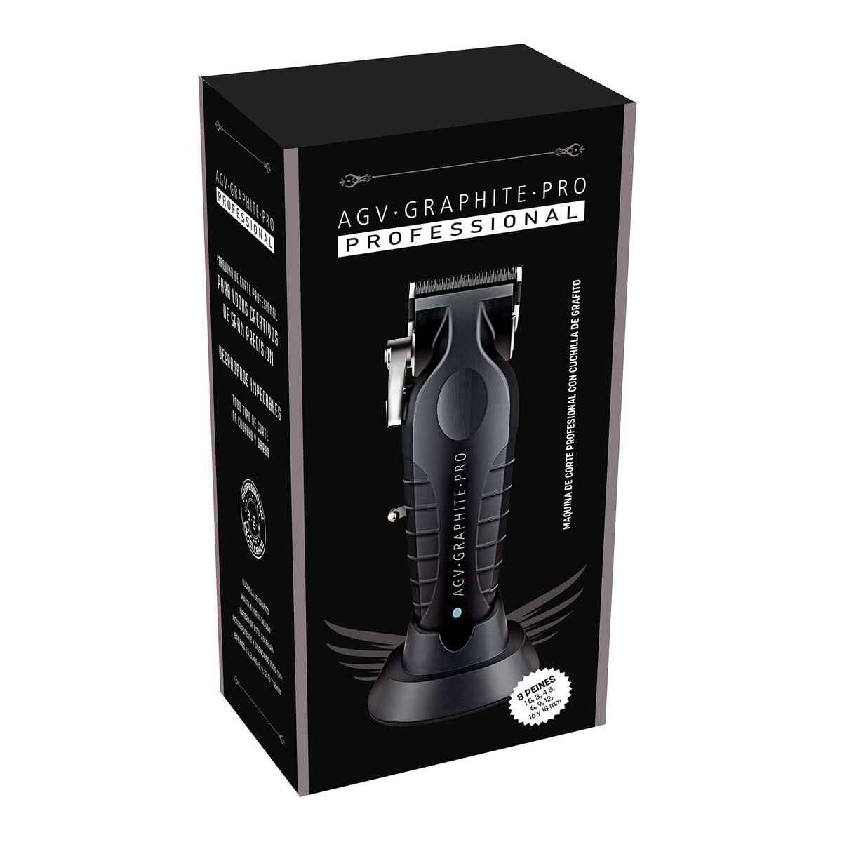 Una caja negra muestra una cortadora de pelo. El texto dice 'AGV Graphite Pro Professional'. La cortadora está sobre una base negra. Detalles: 8 peines.
