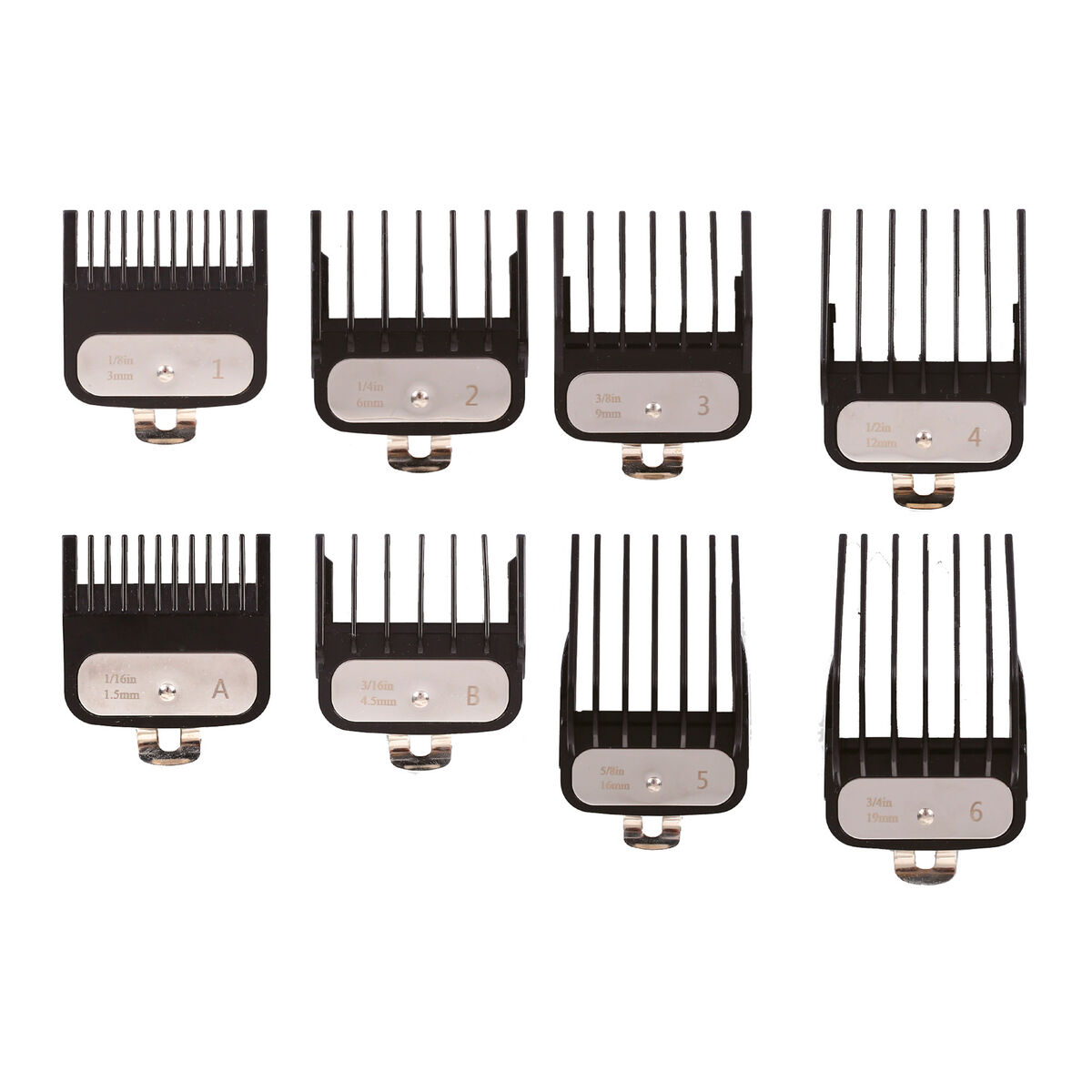 Ocho protectores negros para cortapelos con diferentes tamaños etiquetados 1/8in, 1/4in, 3/8in, 1/2in, 1/16in, 3/16in, 5/8in y 3/4in, sobre blanco.