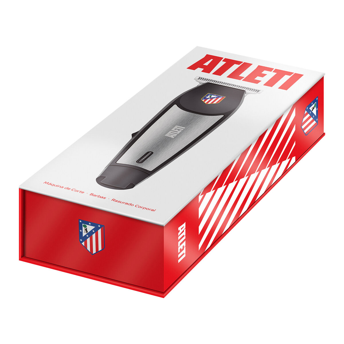 Caja con la marca 'Atleti' y una ilustración de afeitadora. Colores rojo y blanco. La caja está en ángulo.