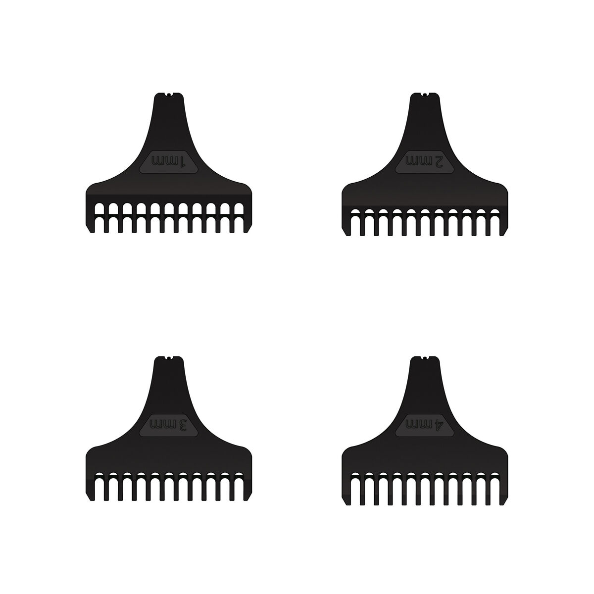 Cuatro accesorios de peine negros, etiquetados 1 mm, 2 mm, 3 mm y 4 mm. Cada uno tiene un borde de peine y una sección superior con el tamaño.