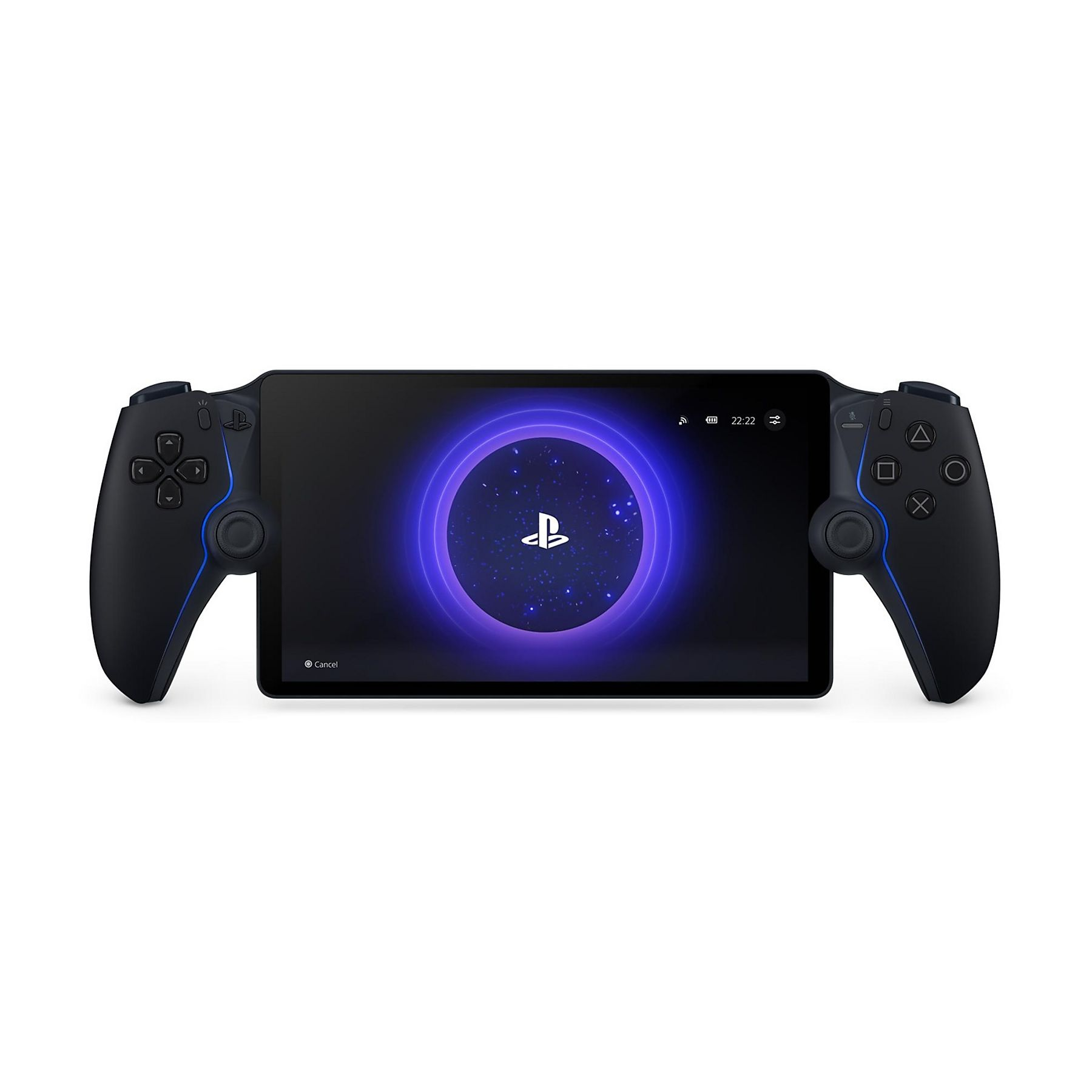 Ein schwarzes PlayStation-Handheld-Gerät wird angezeigt. Der Bildschirm zeigt ein blaues und violettes kreisförmiges Design.