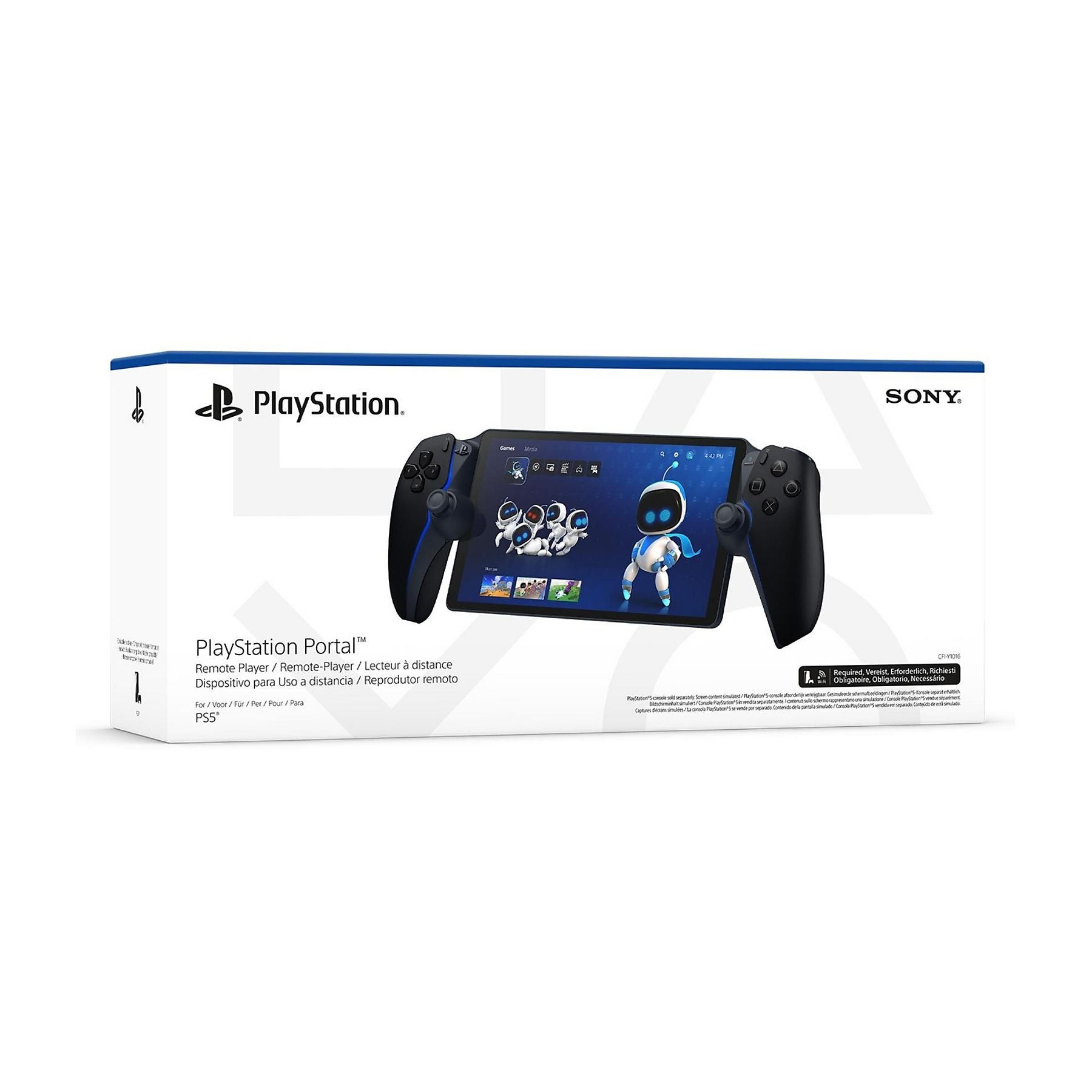 Eine PlayStation Portal-Box zeigt ein Remote-Player-Gerät. Es hat einen Bildschirm und angeschlossene Controller mit dem PlayStation-Logo.