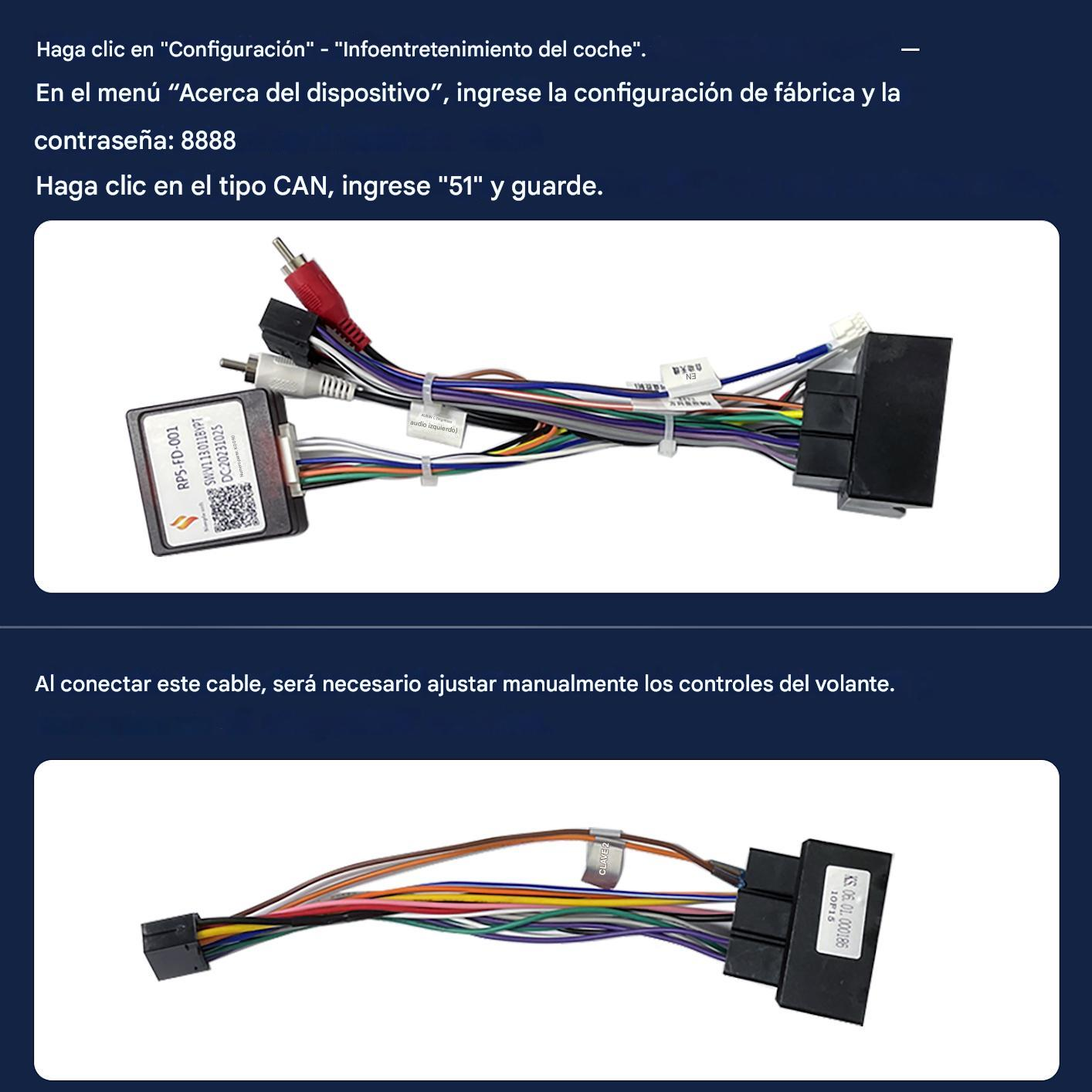 Imagen muestra cableado de estéreo de coche con conectores, incluido un módulo RP5-FD-001, cables e instrucciones de texto en español.