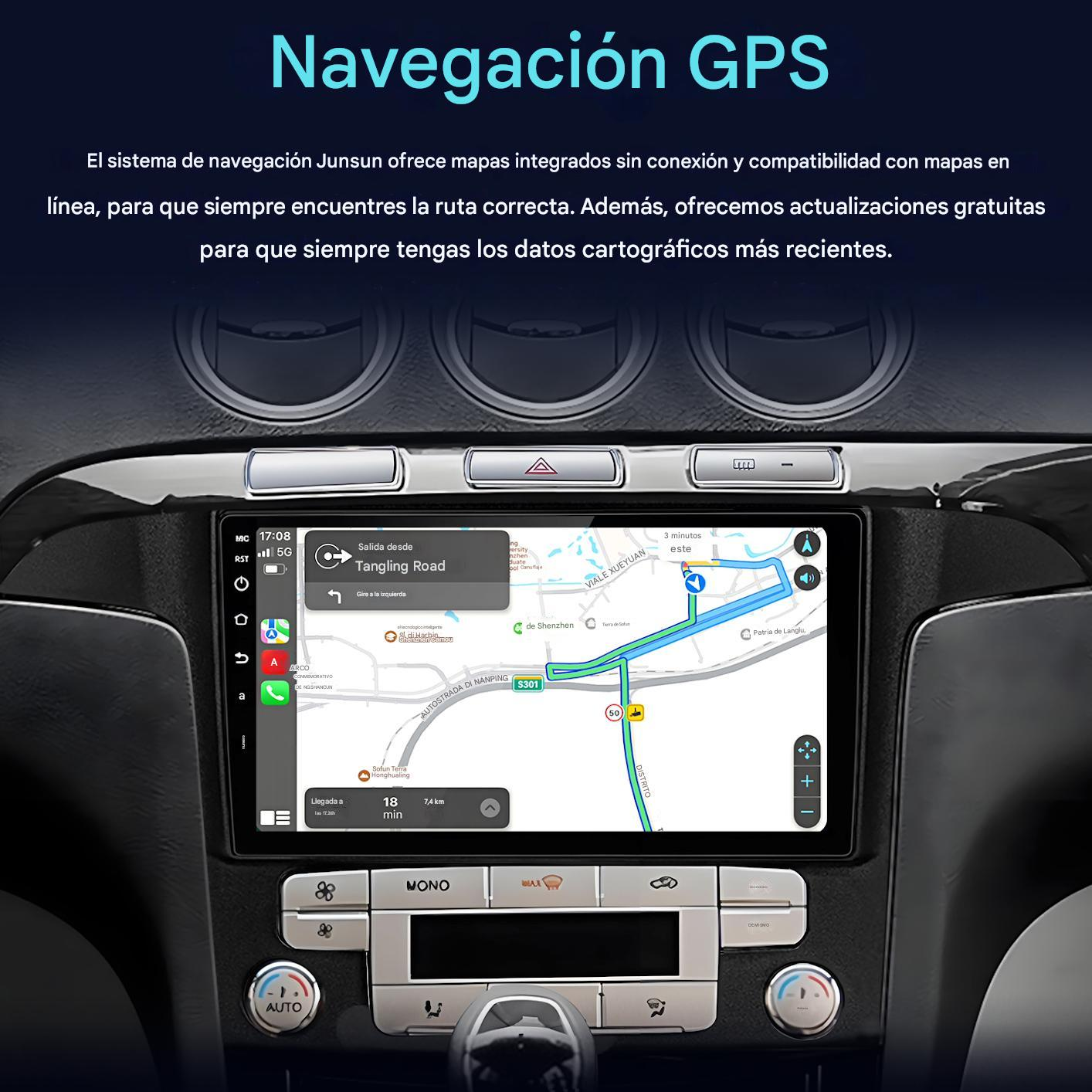 Panel de coche con sistema de navegación GPS, mapa, ruta e información de conducción, con botones y controles.