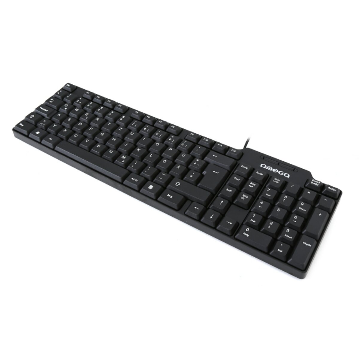 Un teclado Omega negro está en ángulo sobre una superficie blanca. Tiene letras, números y teclas de función.