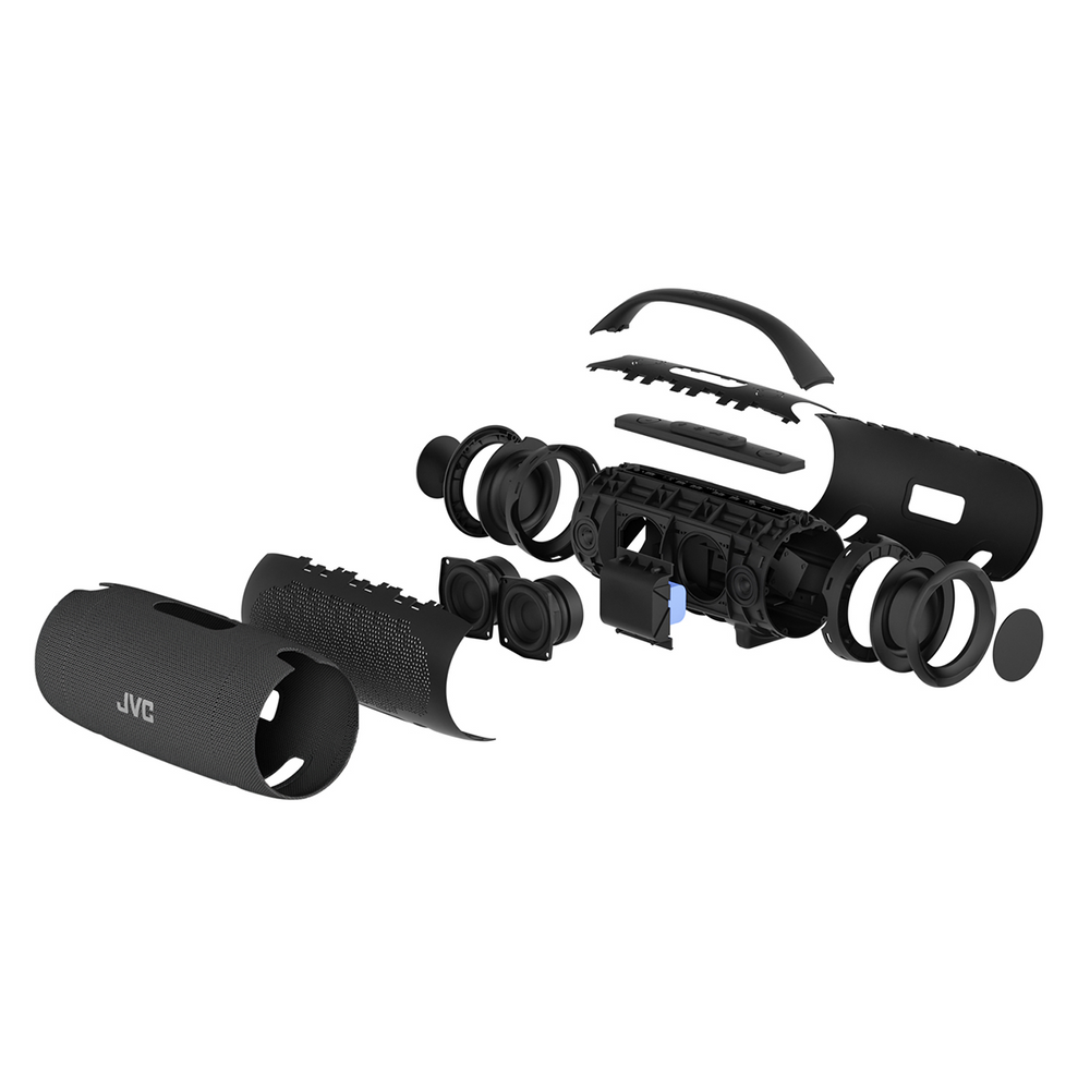 Widok rozłożony czarnego głośnika JVC, pokazujący elementy wewnętrzne, takie jak głośniki, panel sterowania i części konstrukcyjne.