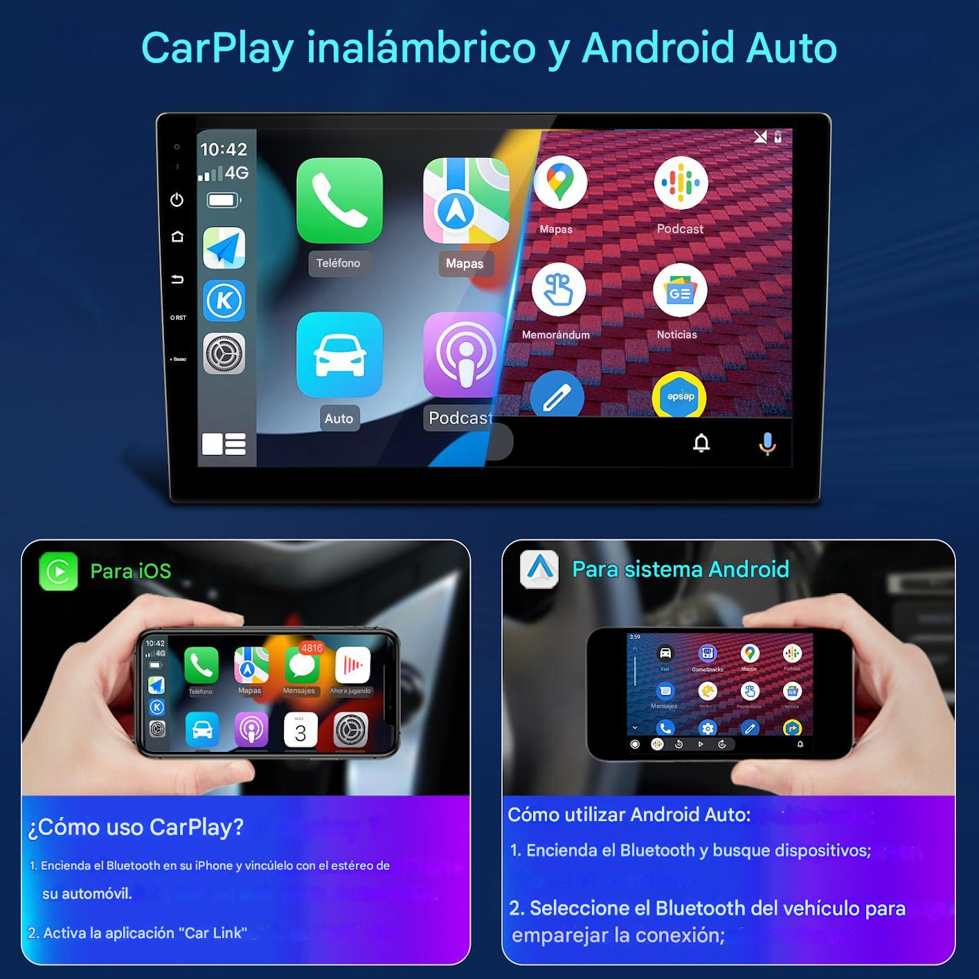 Una pantalla de estéreo de coche que muestra iconos de aplicaciones como teléfono, mapas y podcast. Abajo, imágenes de iPhones y Android.