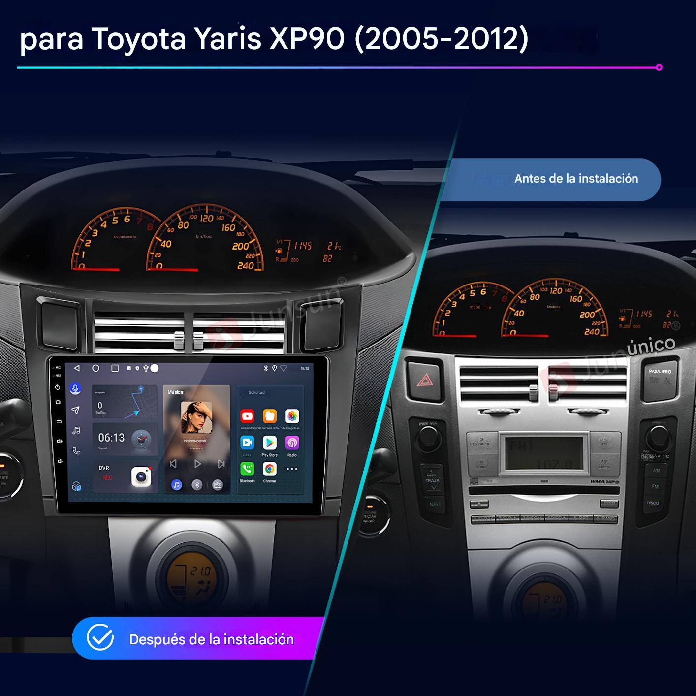Comparación del salpicadero de un coche antes y después de instalar un nuevo sistema multimedia. El nuevo sistema tiene pantalla táctil.