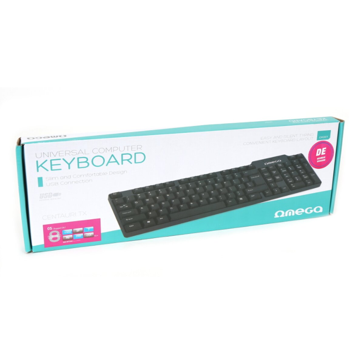 Una caja de teclado. La caja es blanca y verde azulado, con un teclado negro dentro. La caja tiene las palabras "Universal Computer Keyboard".