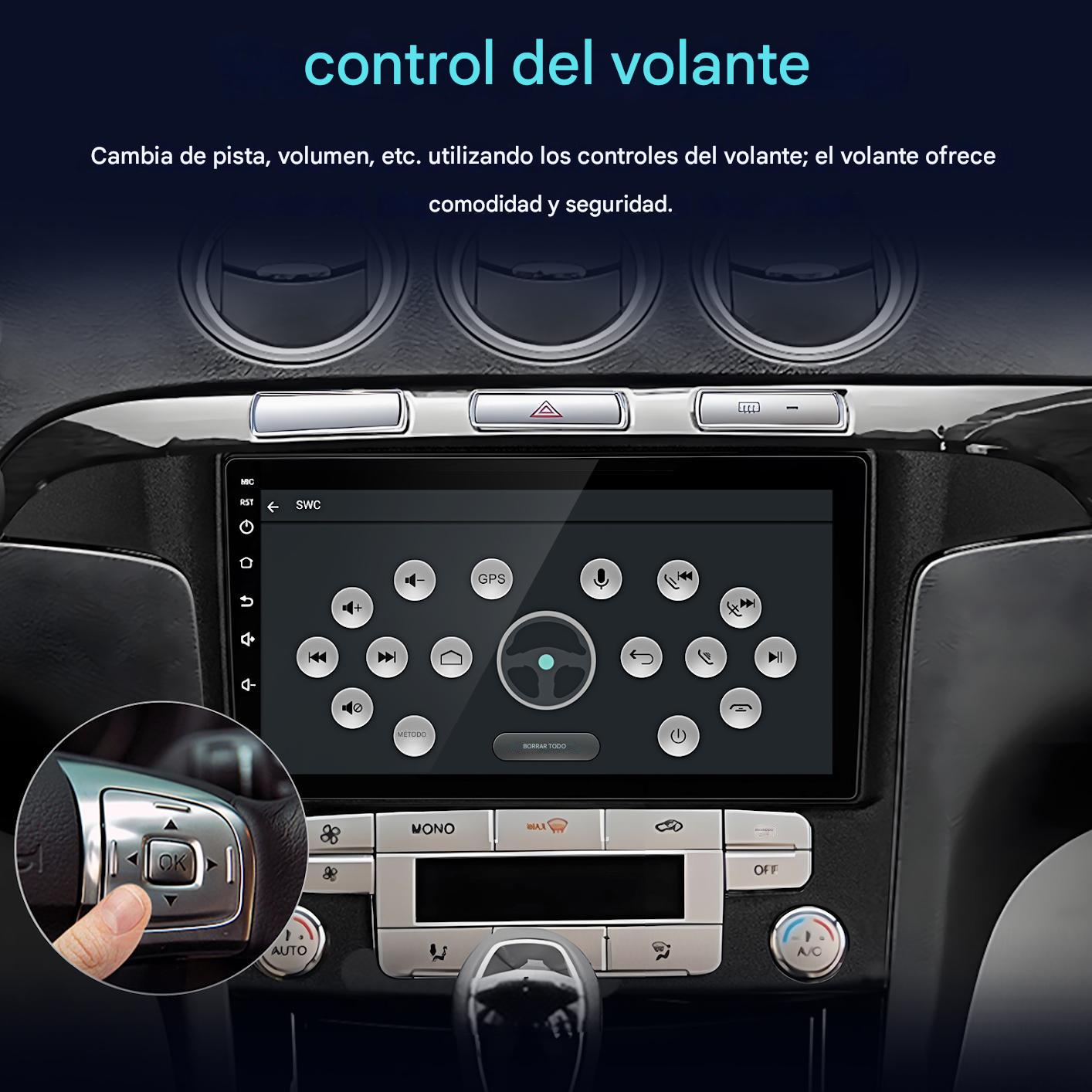 Panel del automóvil con sistema multimedia. Los botones de volumen y control de pista son visibles en el volante y la pantalla.