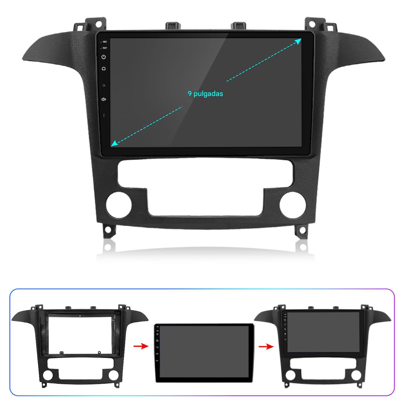 Un estéreo de coche con pantalla de 9 pulgadas. El estéreo es negro, con marco, botones y puertos. Abajo hay pasos de montaje.
