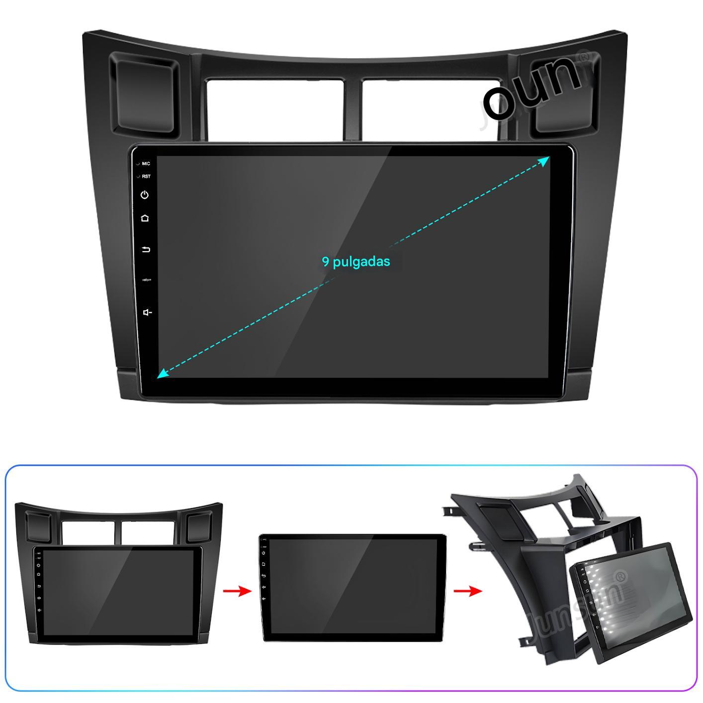 Una radio de coche con una gran pantalla táctil etiquetada como '9 pulgadas'. Se muestran varios pasos de instalación debajo de la radio.