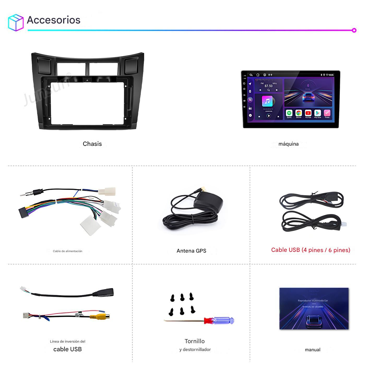 Imagen muestra accesorios de coche: chasis, autoestéreo, cables, antena GPS, cables USB, tornillos, destornillador y manual.