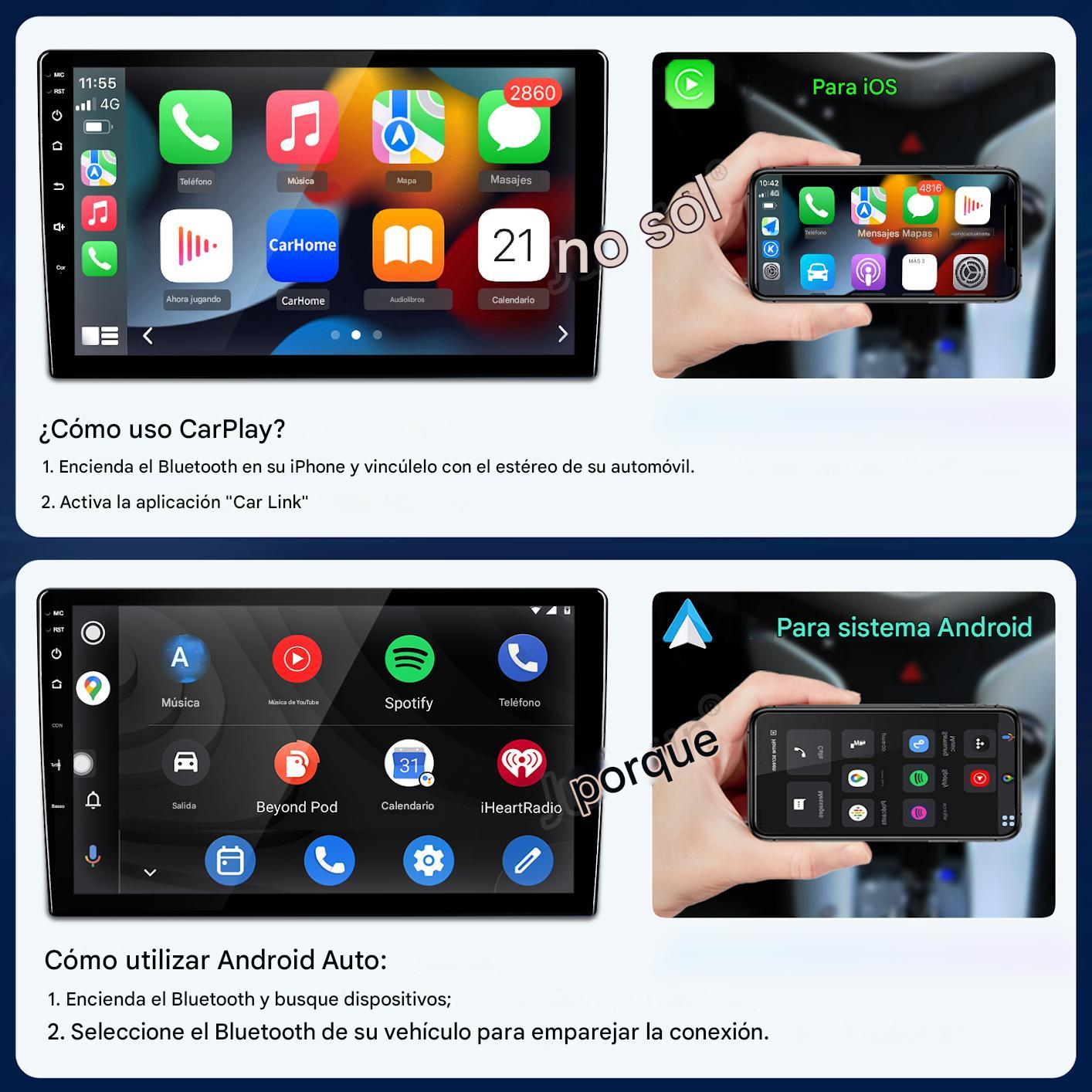 La imagen muestra pantallas de coche con aplicaciones telefónicas, incluidas instrucciones de CarPlay y Android Auto. Los teléfonos están conectados al sistema del coche.