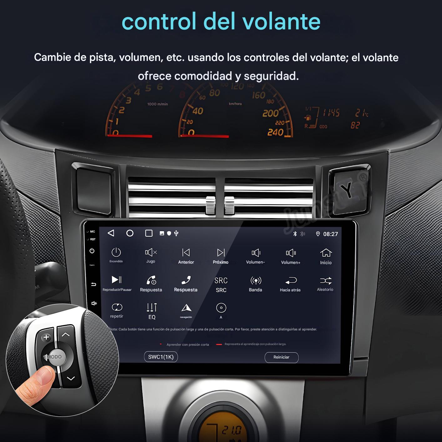 Vista interior del coche con pantalla digital que muestra controles, velocímetro y mano ajustando un botón.
