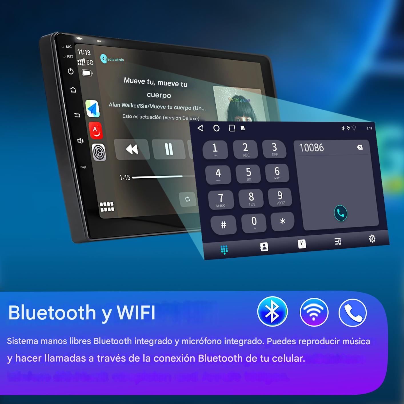 Pantalla de radio de coche con reproductor de música y teclado numérico. Iconos de Bluetooth y WiFi abajo.