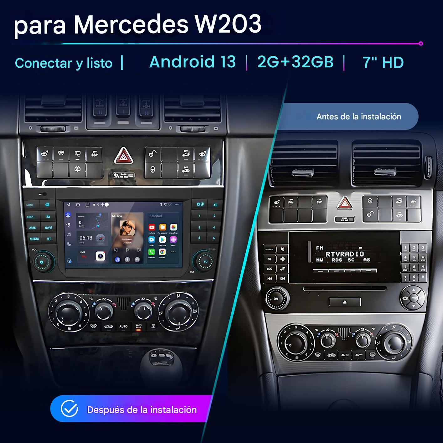 Panel del coche mostrando antes y después de la instalación de un nuevo sistema Android. Muestra radio, controles y pantalla.