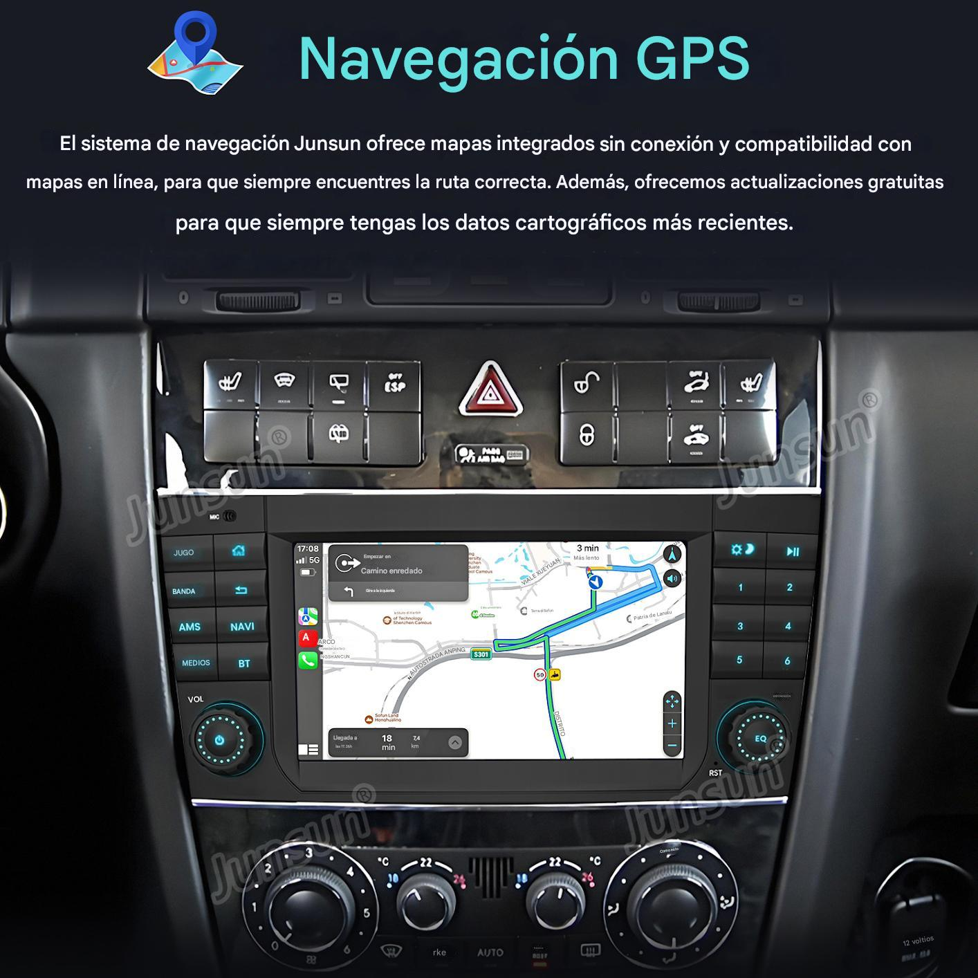 Panel del coche con sistema de navegación GPS, mapa y botones. La pantalla muestra una ruta.