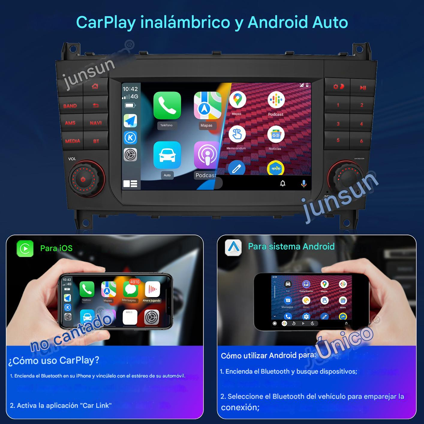 Radio de coche con pantalla táctil que muestra iconos de aplicaciones. Abajo, dos teléfonos ilustran las instrucciones de configuración de CarPlay y Android Auto.