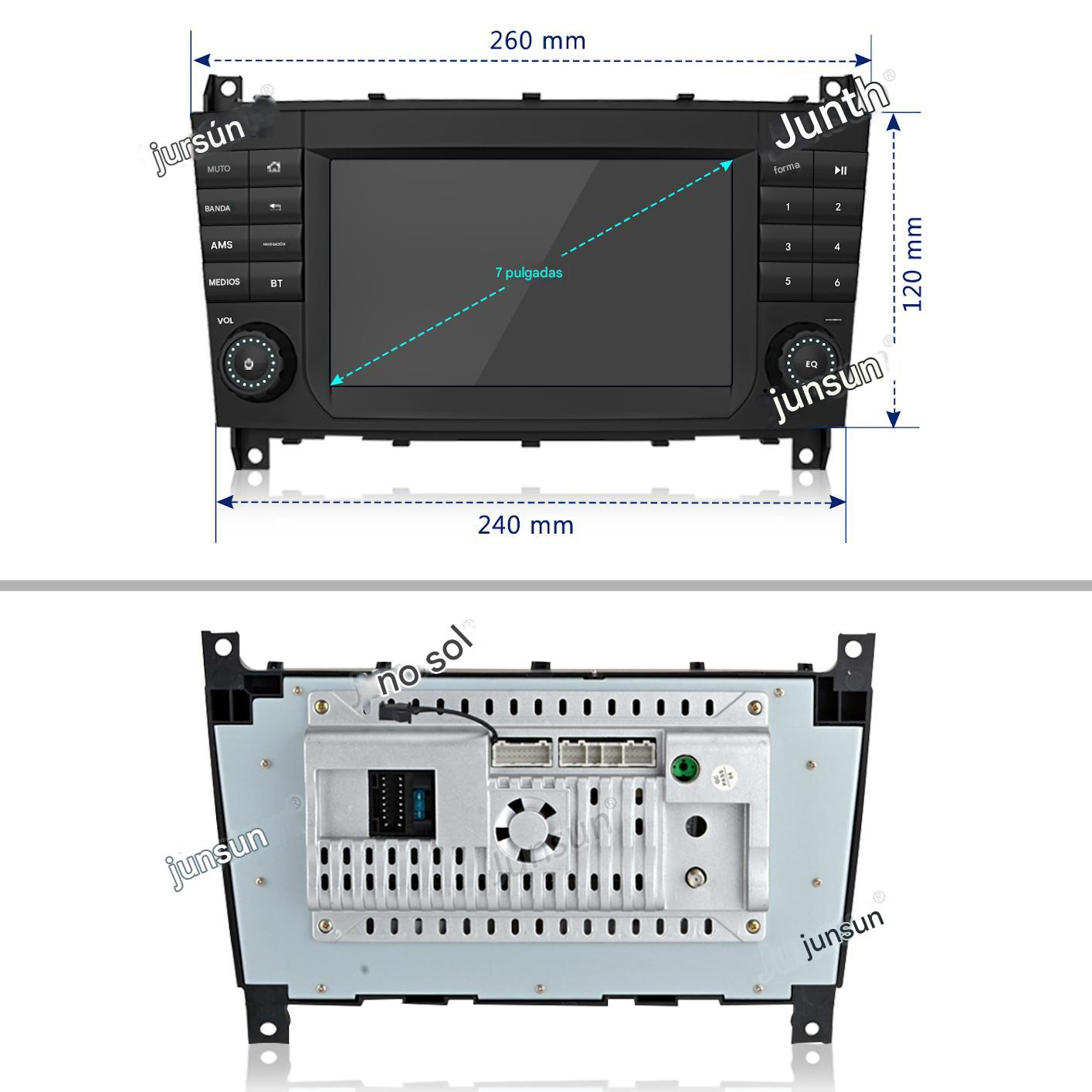 Autorradio con pantalla, botones y perillas. Las dimensiones se indican con etiquetas. También se muestra la parte trasera.