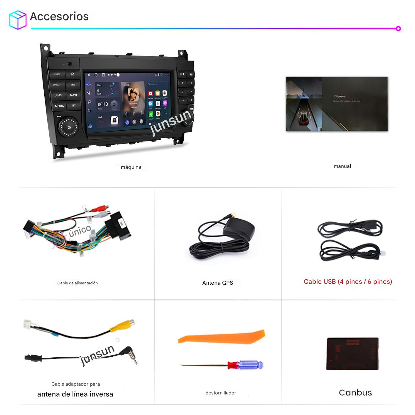 Imagen muestra accesorios de coche: radio, manual, cables, antena GPS, cable USB, adaptador, destornillador y dispositivo Canbus.