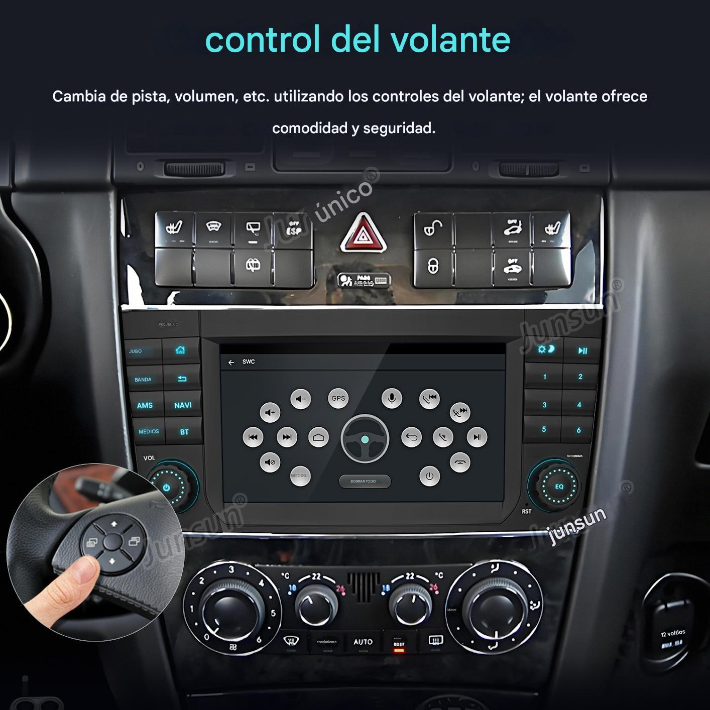 Tablero de coche con pantalla, botones y una mano tocando un botón del volante. Texto: 'control del volante'.