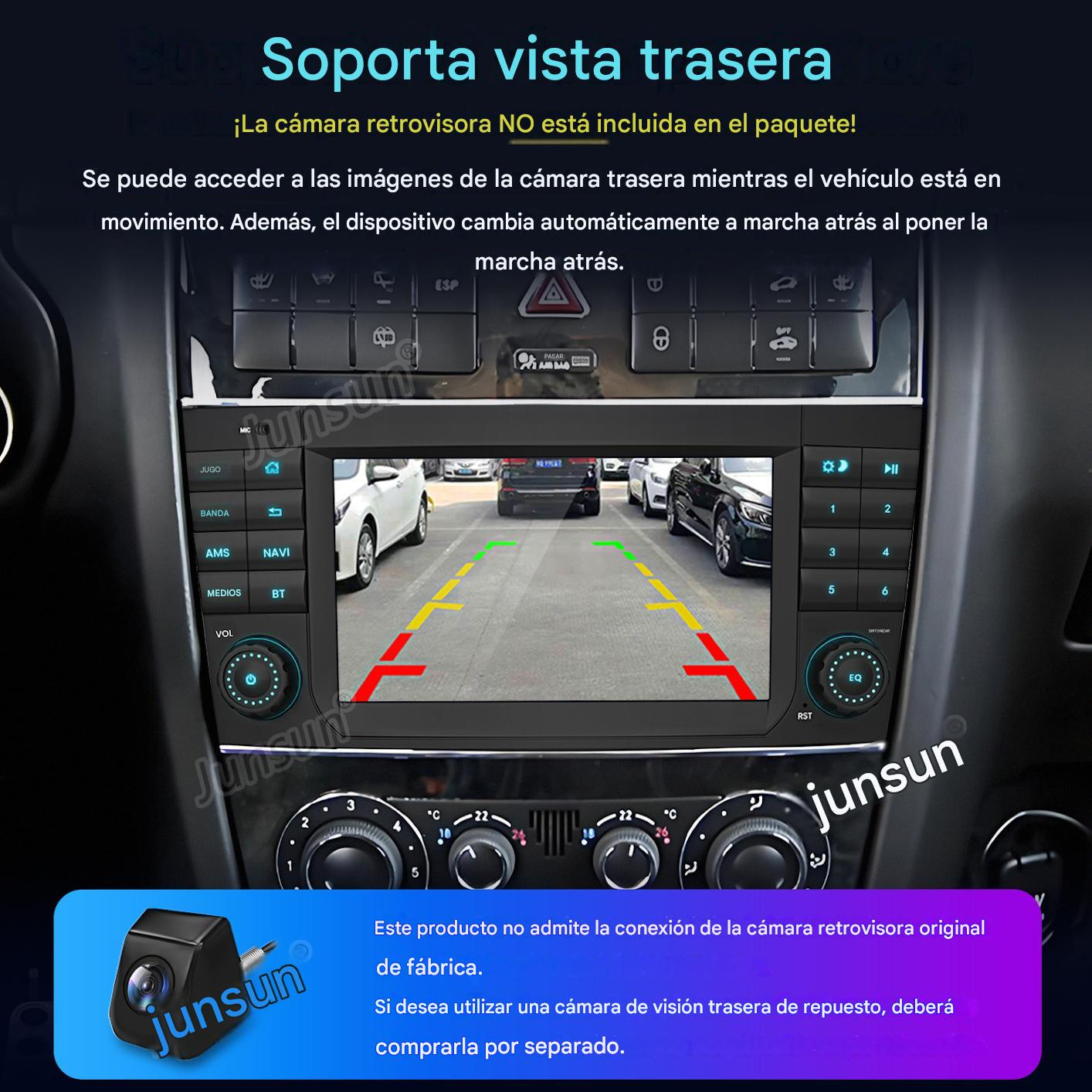 Panel de coche mostrando cámara trasera, texto en español e icono de cámara.
