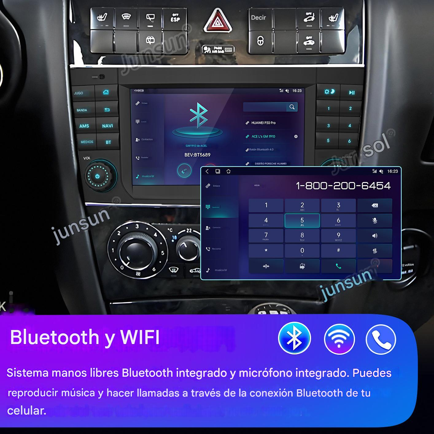 Pantalla de radio del coche que muestra Bluetooth y teclado telefónico. Botones y diales visibles. El texto dice Bluetooth y WIFI.